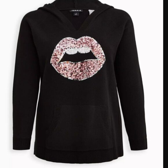 Torrid  Breast Cancer Awareness Raglan Hoodie Sweater  Luxe Cozy Sequined Lips - Picture 6 of 12